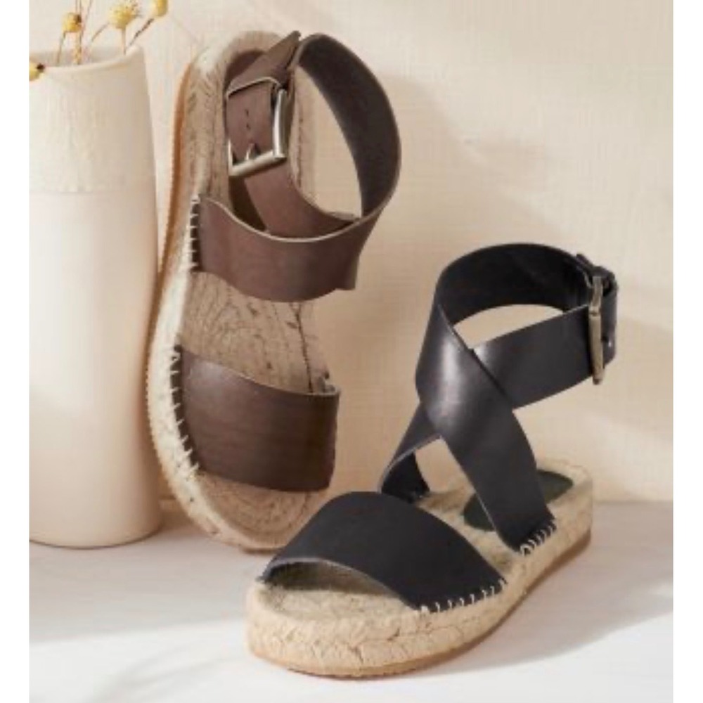 New Garnet Hill Espadrille Sandals Women 39 Brown Leather Ankle Strap Boho Italy